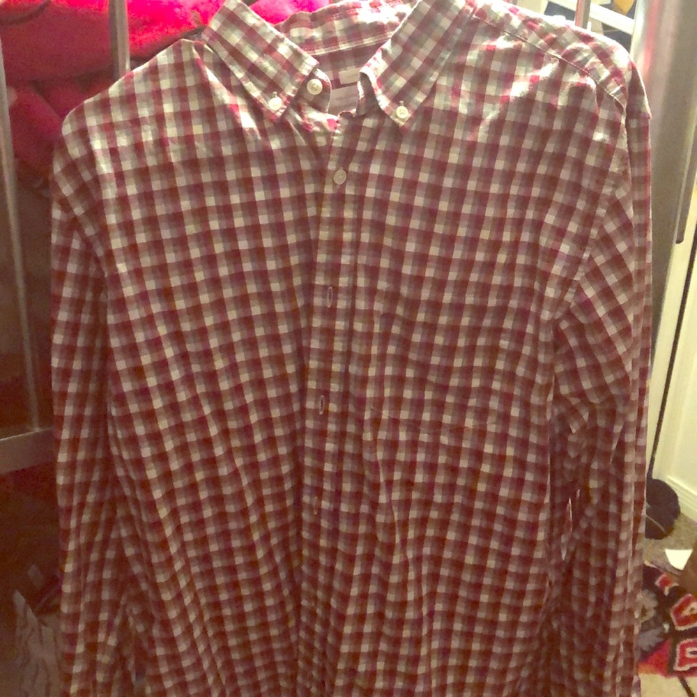 Red,White, and grey button down dress shirt.